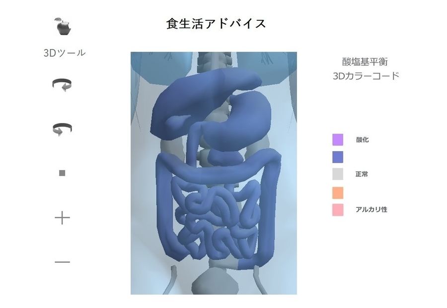 食生活アドバイスの画面。内臓の3Dモデルを色で表示